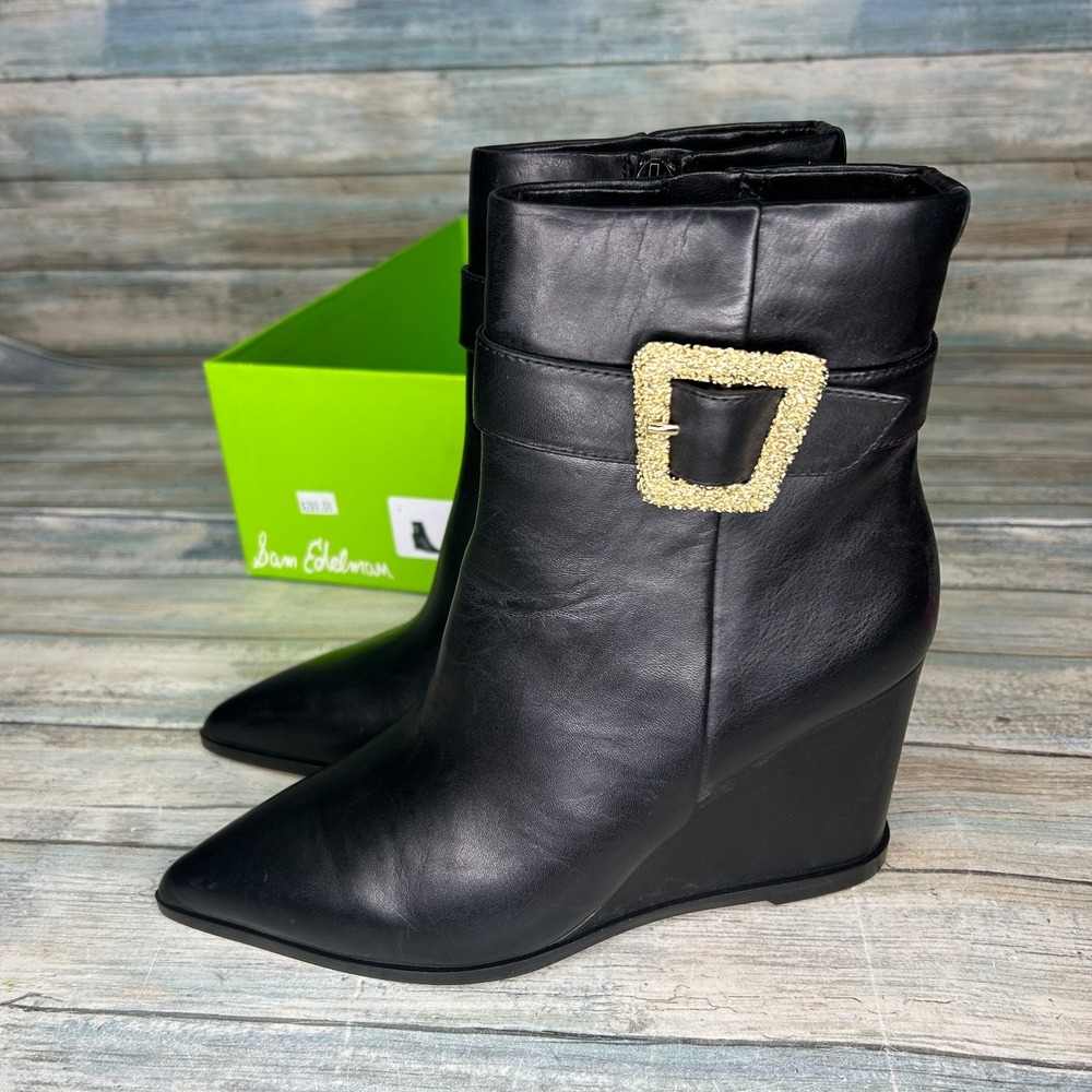 Sam Edelman Weslie Boots 6 Black Leather Wedge Heeled Almond Toe Buckle‎ Booties